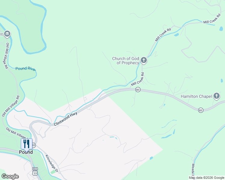 map of restaurants, bars, coffee shops, grocery stores, and more near State Route T-850 in Pound