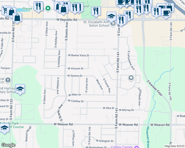 map of restaurants, bars, coffee shops, grocery stores, and more near 4622 West Avenue in Springfield