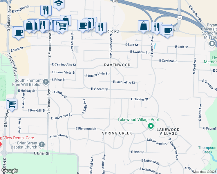 map of restaurants, bars, coffee shops, grocery stores, and more near 1755 East Vincent Street in Springfield