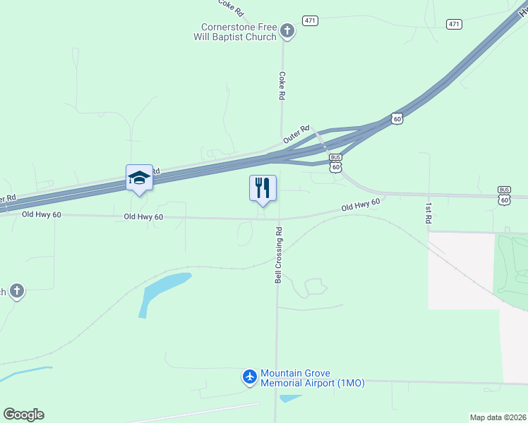 map of restaurants, bars, coffee shops, grocery stores, and more near 8603 Old Highway 60 in Mountain Grove