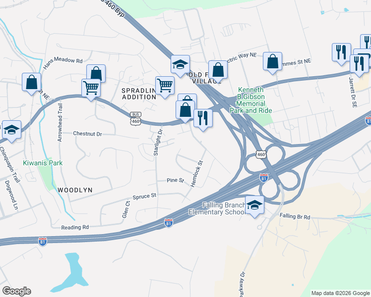 map of restaurants, bars, coffee shops, grocery stores, and more near 315A Cherokee Drive in Christiansburg
