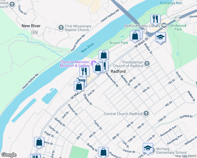 map of restaurants, bars, coffee shops, grocery stores, and more near 616 West Main Street in Radford