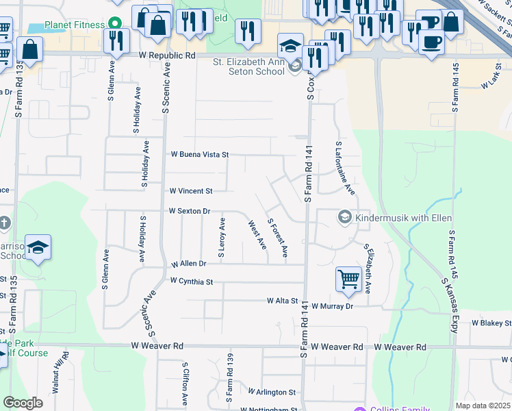 map of restaurants, bars, coffee shops, grocery stores, and more near 4611 South Forest Avenue in Springfield
