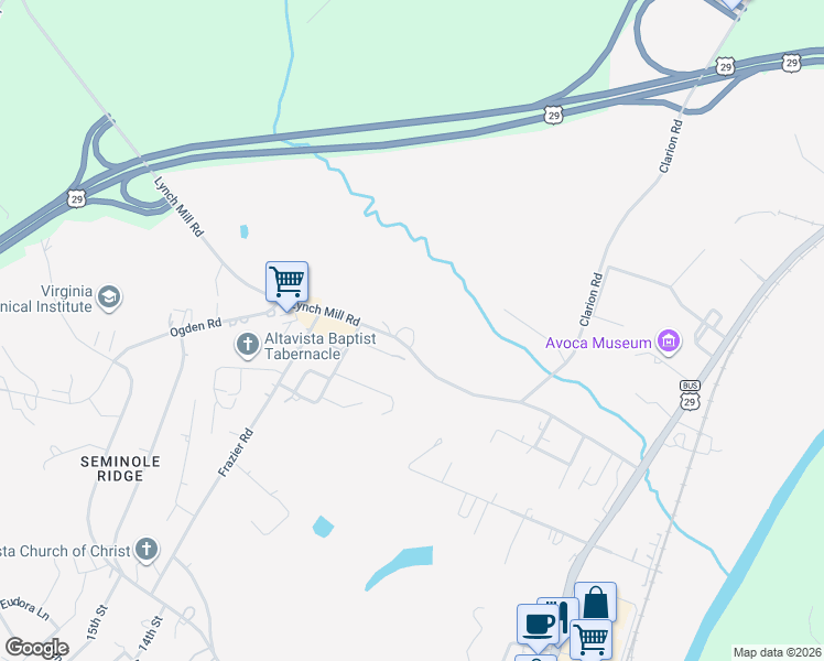 map of restaurants, bars, coffee shops, grocery stores, and more near 2412 Lynch Mill Road in Altavista