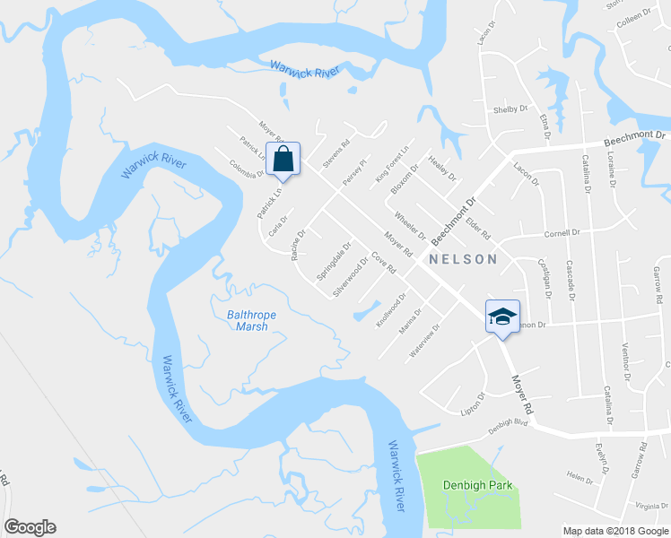map of restaurants, bars, coffee shops, grocery stores, and more near 78 Springdale Drive in Newport News
