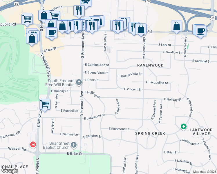 map of restaurants, bars, coffee shops, grocery stores, and more near 1551 East Vincent Street in Springfield