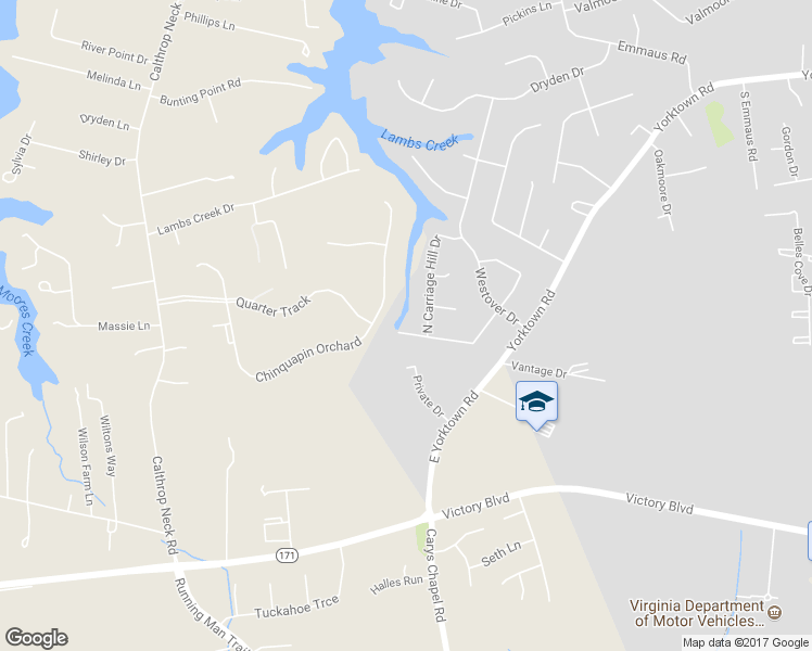 map of restaurants, bars, coffee shops, grocery stores, and more near 2 West Carriage Hill Drive in Poquoson