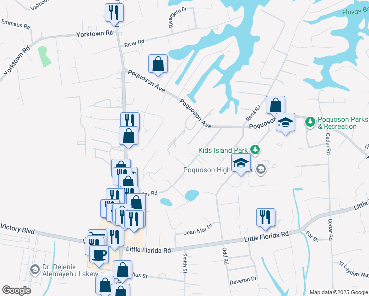 map of restaurants, bars, coffee shops, grocery stores, and more near 718 Poquoson Avenue in Poquoson