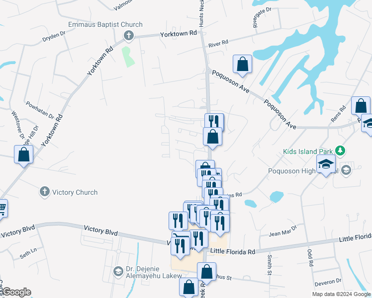 map of restaurants, bars, coffee shops, grocery stores, and more near 14 North Valasia Road in Poquoson