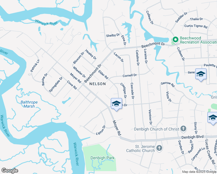 map of restaurants, bars, coffee shops, grocery stores, and more near 904 Costigan Drive in Newport News