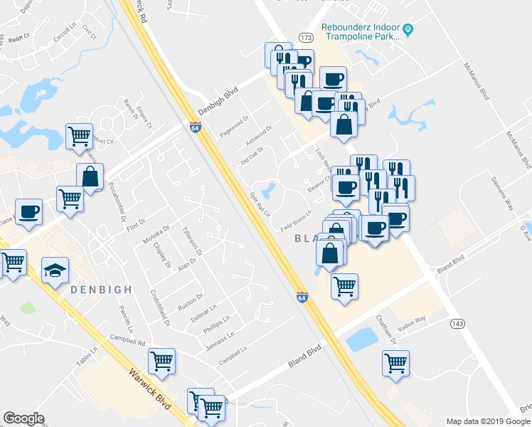 map of restaurants, bars, coffee shops, grocery stores, and more near 365 Split Rail Circle in Newport News