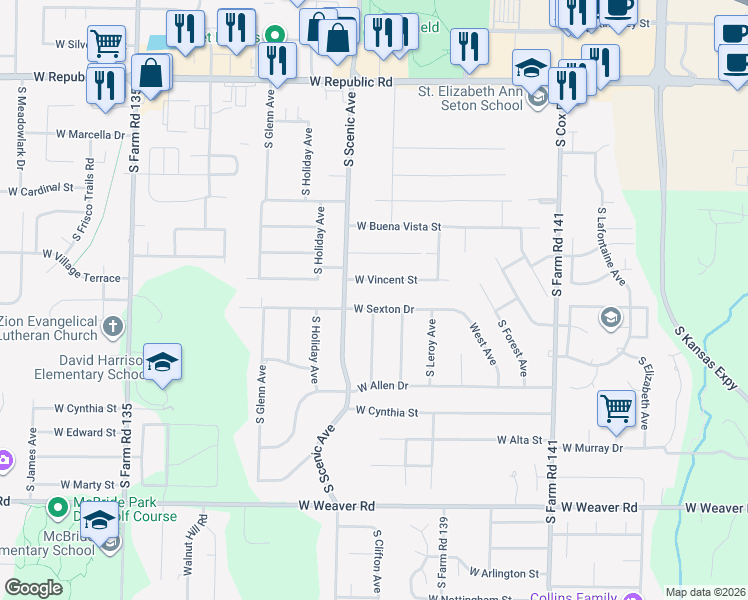 map of restaurants, bars, coffee shops, grocery stores, and more near 2625 West Sexton Street in Springfield