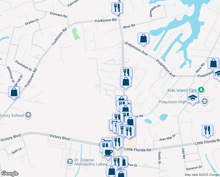 map of restaurants, bars, coffee shops, grocery stores, and more near 14 North Valasia Road in Poquoson