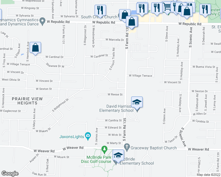 map of restaurants, bars, coffee shops, grocery stores, and more near 3191 West Sexton Street in Springfield