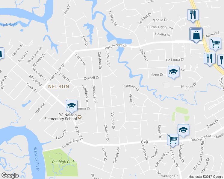 map of restaurants, bars, coffee shops, grocery stores, and more near 208 Earle Court in Newport News
