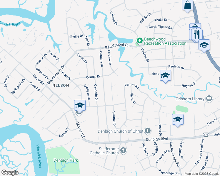 map of restaurants, bars, coffee shops, grocery stores, and more near 857 Ventnor Drive in Newport News