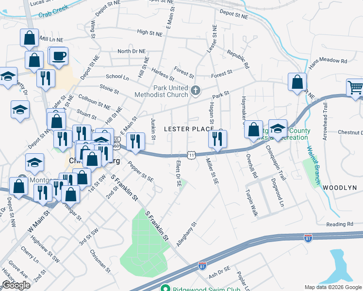 map of restaurants, bars, coffee shops, grocery stores, and more near 104 Lester Street Northeast in Christiansburg