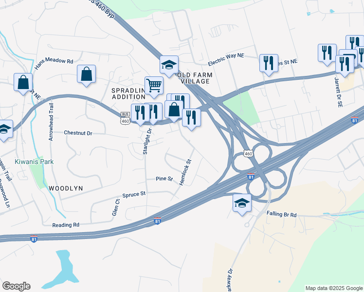 map of restaurants, bars, coffee shops, grocery stores, and more near 315A Cherokee Drive in Christiansburg