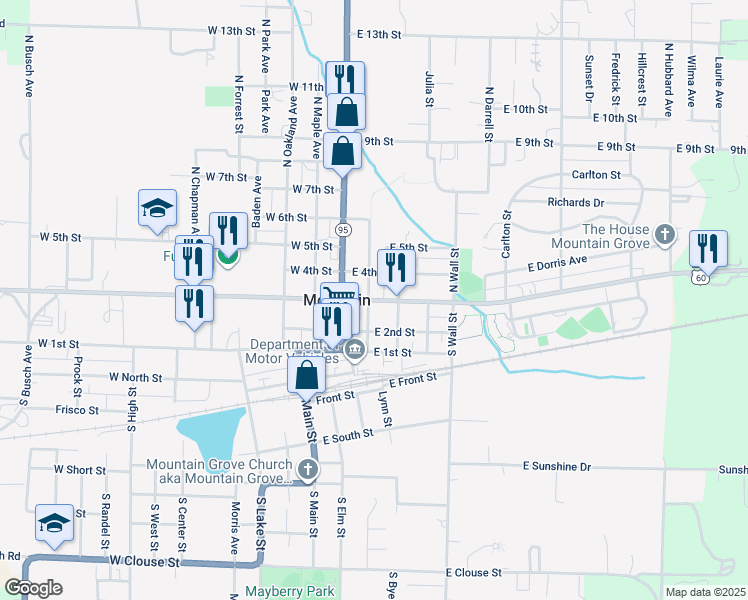 map of restaurants, bars, coffee shops, grocery stores, and more near in Mountain Grove