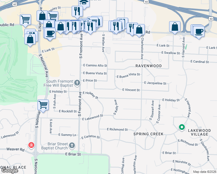 map of restaurants, bars, coffee shops, grocery stores, and more near 1551 East Vincent Street in Springfield