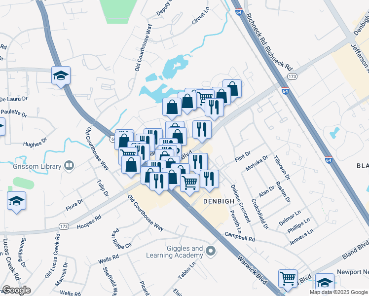 map of restaurants, bars, coffee shops, grocery stores, and more near 437 Denbigh Blvd in Newport News