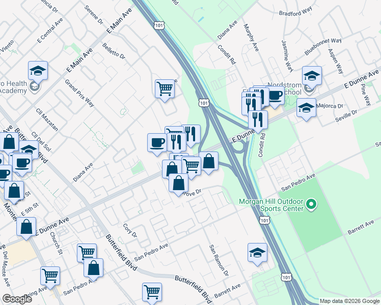 map of restaurants, bars, coffee shops, grocery stores, and more near 17050 Laurel Road in Morgan Hill