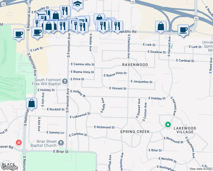 map of restaurants, bars, coffee shops, grocery stores, and more near 4541 South Delaware Avenue in Springfield