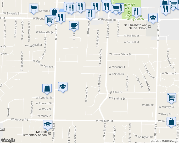 map of restaurants, bars, coffee shops, grocery stores, and more near 2819 West Sexton Street in Springfield