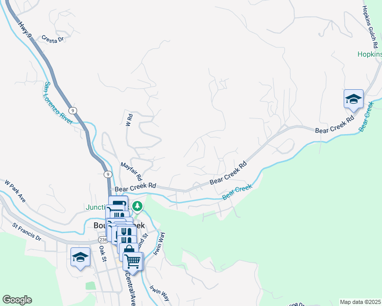 map of restaurants, bars, coffee shops, grocery stores, and more near 352 Manzanita Avenue in Boulder Creek