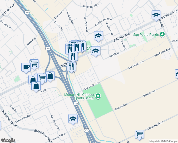 map of restaurants, bars, coffee shops, grocery stores, and more near 1337 Old Vine Lane in Morgan Hill