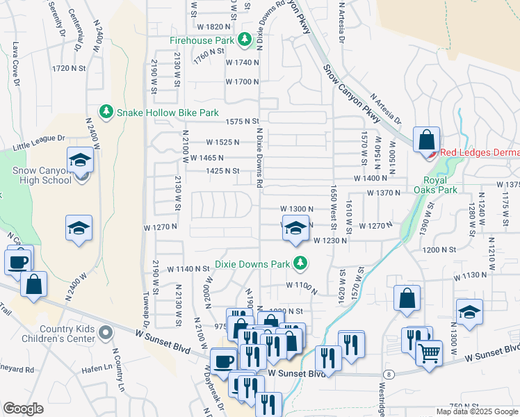 map of restaurants, bars, coffee shops, grocery stores, and more near 1301 North Dixie Downs Road in St. George