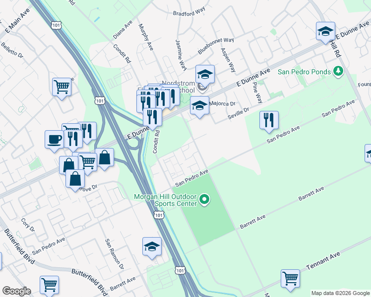 map of restaurants, bars, coffee shops, grocery stores, and more near 1337 Old Vine Lane in Morgan Hill