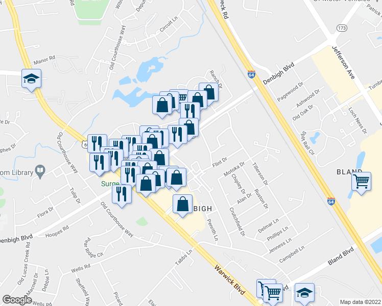 map of restaurants, bars, coffee shops, grocery stores, and more near 440 Denbigh Boulevard in Newport News