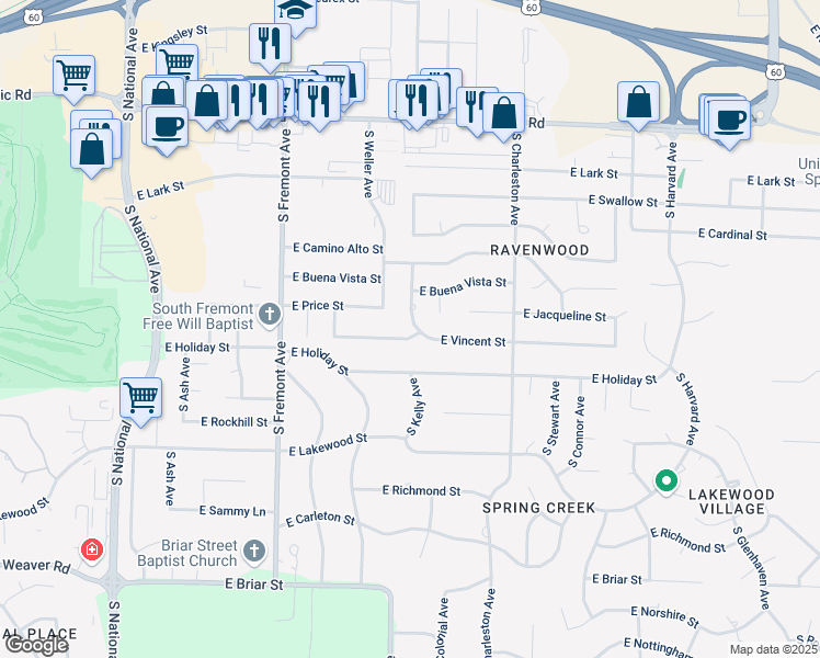 map of restaurants, bars, coffee shops, grocery stores, and more near 4541 S Delaware Ave in Springfield