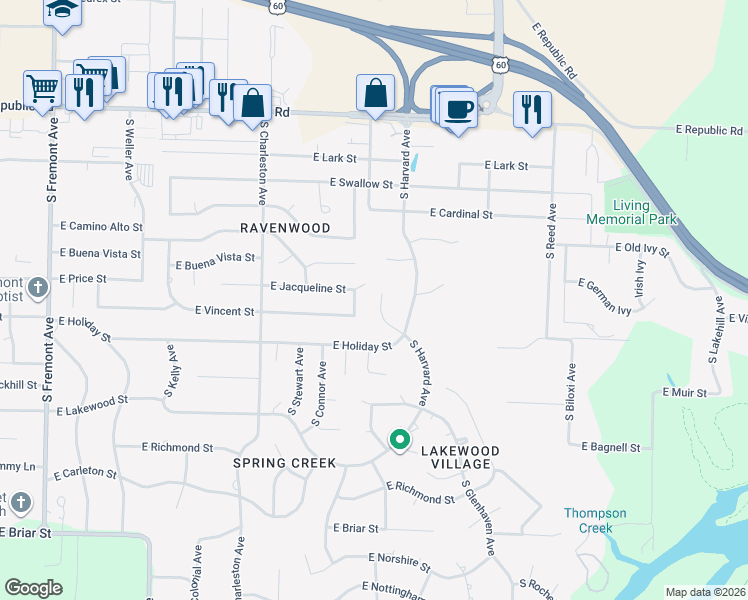 map of restaurants, bars, coffee shops, grocery stores, and more near 4519 South Aladdin Court in Springfield