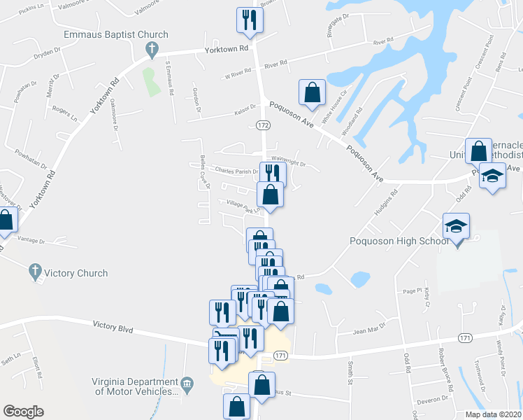 map of restaurants, bars, coffee shops, grocery stores, and more near 2 Valasia Road in Poquoson