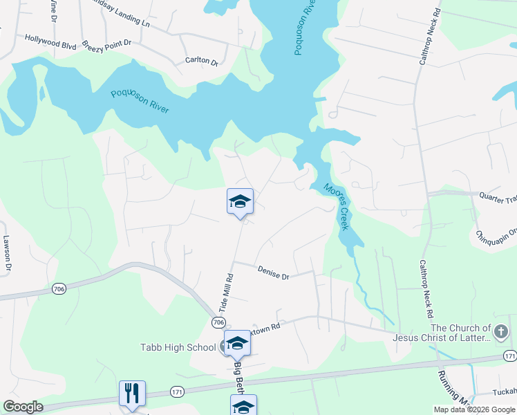 map of restaurants, bars, coffee shops, grocery stores, and more near 504 Tide Mill Road in Yorktown