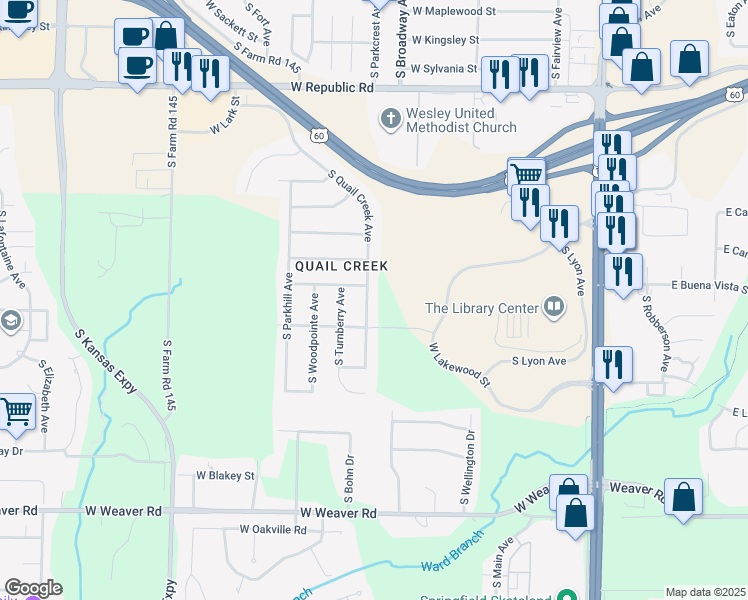 map of restaurants, bars, coffee shops, grocery stores, and more near 4598 South Quail Creek Avenue in Springfield