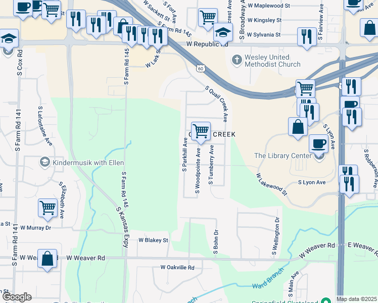 map of restaurants, bars, coffee shops, grocery stores, and more near 4601 S Woodpointe Ave in Springfield