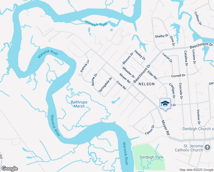 map of restaurants, bars, coffee shops, grocery stores, and more near 80 Springdale Drive in Newport News