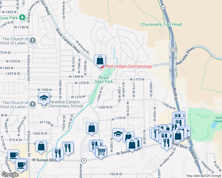 map of restaurants, bars, coffee shops, grocery stores, and more near 1312 Southwind Drive in St. George