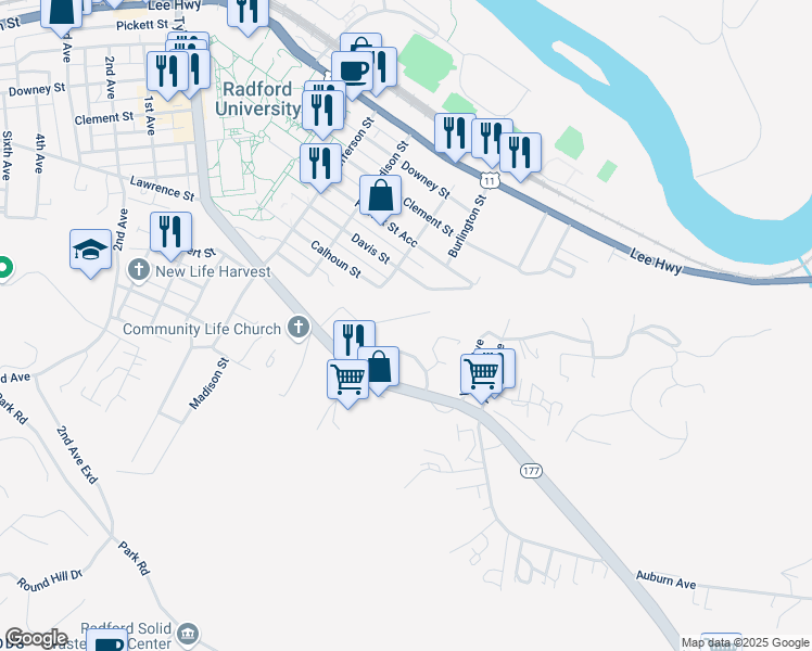 map of restaurants, bars, coffee shops, grocery stores, and more near 1206 Valley View Street in Radford
