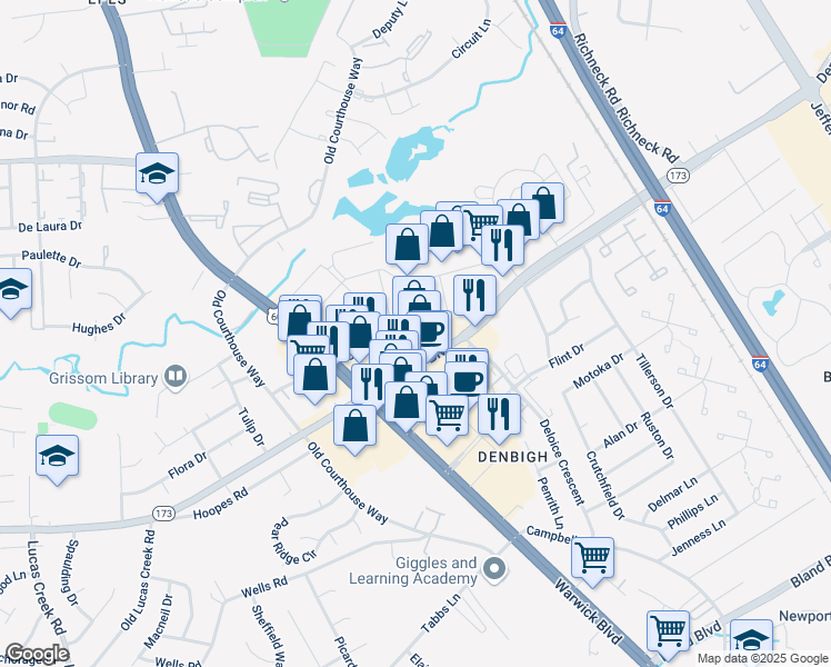 map of restaurants, bars, coffee shops, grocery stores, and more near 437 Denbigh Blvd in Newport News