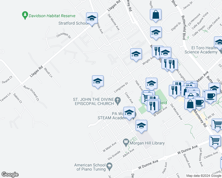 map of restaurants, bars, coffee shops, grocery stores, and more near 360 Wright Avenue in Morgan Hill