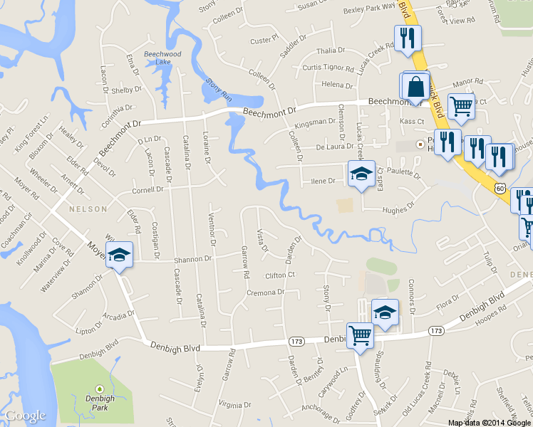 map of restaurants, bars, coffee shops, grocery stores, and more near 866 Garrow Road in Newport News