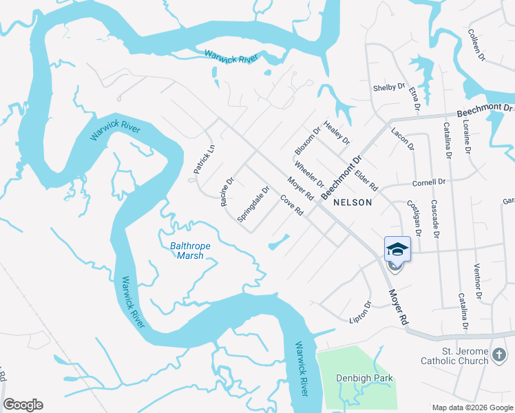 map of restaurants, bars, coffee shops, grocery stores, and more near 80 Springdale Drive in Newport News