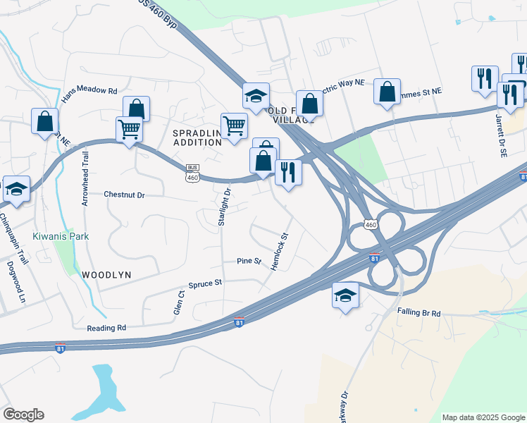 map of restaurants, bars, coffee shops, grocery stores, and more near 315A Cherokee Drive in Christiansburg