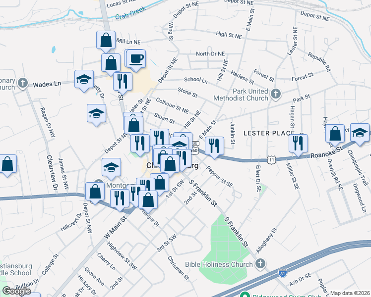 map of restaurants, bars, coffee shops, grocery stores, and more near 34 East Main Street in Christiansburg