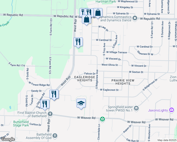 map of restaurants, bars, coffee shops, grocery stores, and more near 4621 Talon Court in Battlefield