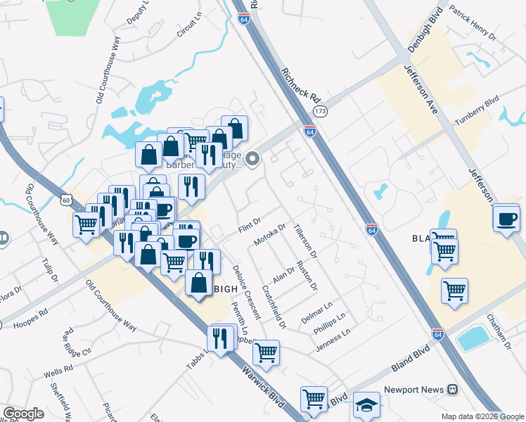 map of restaurants, bars, coffee shops, grocery stores, and more near 413 Flint Drive in Newport News